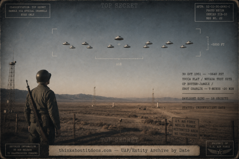 Dossier-style reconstruction of the October 30 1951 Yucca Flat UFO case showing a lone USAF sentry at the Nevada Test Site perimeter at dawn looking toward Ground Zero where eighteen silvery domed flat-bottomed discs hover in six groups of three across the sky, with reticle and altitude HUD overlays and stenciled date, operation, and classification stamps in cold indigo-charcoal monochrome with a single metallic accent.