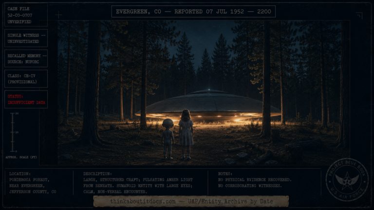 Restrained dossier-style night scene in the Colorado pines near Evergreen showing a craft with an amber glow and a child standing calmly beside a small large-eyed humanoid, marked as a single-witness uninvestigated recalled-memory report