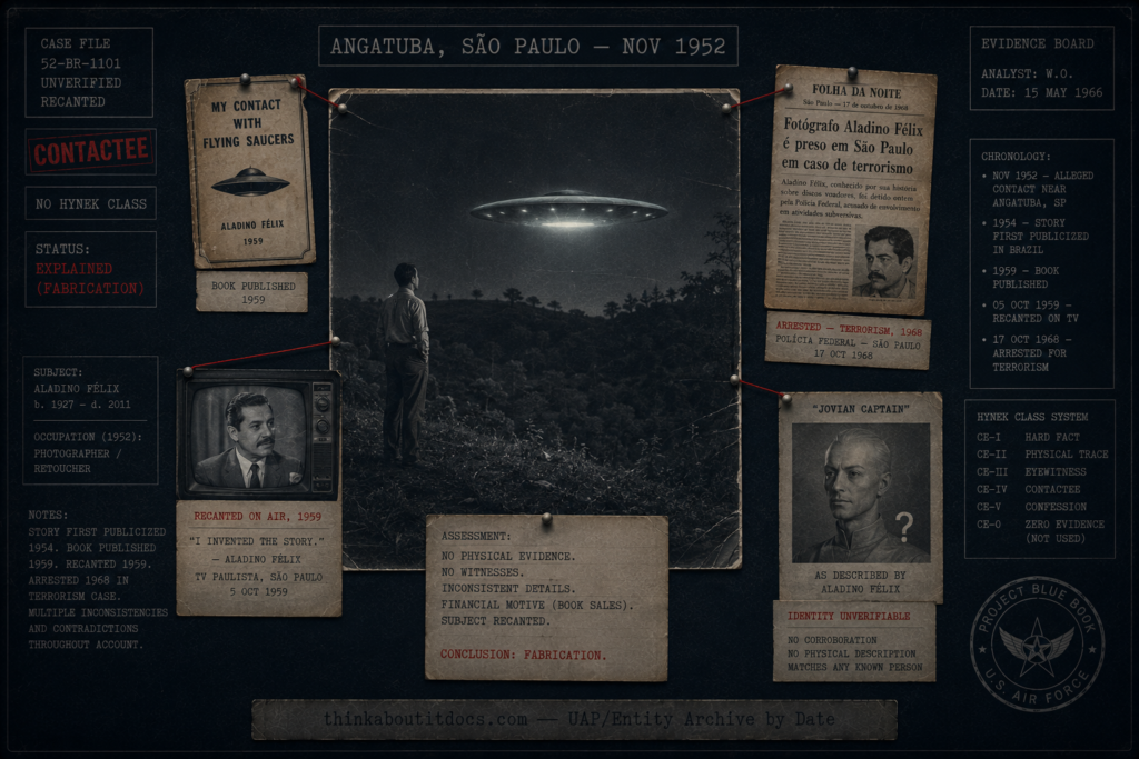Dossier evidence board for the 1952 Dino Kraspedon contactee case showing Aladino Félix on a São Paulo hillside before a glowing saucer, with pinned cards marking his 1959 book, his on-air recantation, and his 1968 terrorism arrest, stamped contactee and fabrication