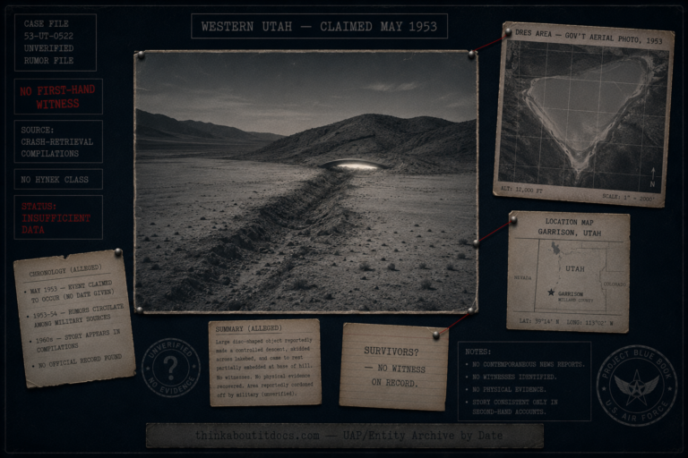 Dossier evidence board for the alleged 1953 western Utah UFO crash near Garrison showing an indistinct half-buried disc and a gouge across a desert dry lakebed, pinned with a 1953 government aerial photo card and stamped no first-hand witness and Insufficient Data