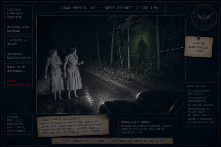 Dossier-style night scene on a rural Weston West Virginia road in 1952 showing a mother and daughter recoiling from an indistinct tall dark figure with dim glowing eyes at the tree line, marked as a second-hand account collected after Flatwoods