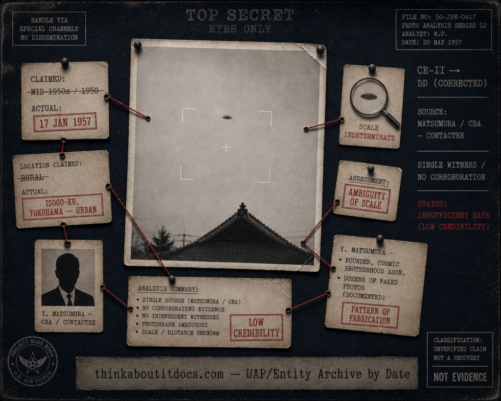 Dossier-style evidence board reframing the Yokohama UFO photograph, showing the pinned vintage black-and-white print of a small dark disc over a rooftop at center, surrounded by red-thread-linked correction cards changing the date from "mid-1950s" to January 17 1957, the location from "rural" to urban Isogo-ku Yokohama, and identifying photographer Yusuke Matsumura and the contactee Cosmic Brotherhood Association, with HUD stamps reading CE-II corrected to DD, scale indeterminate, and Status: Insufficient Data (low credibility), in an indigo-charcoal register with a single dull-red accent.