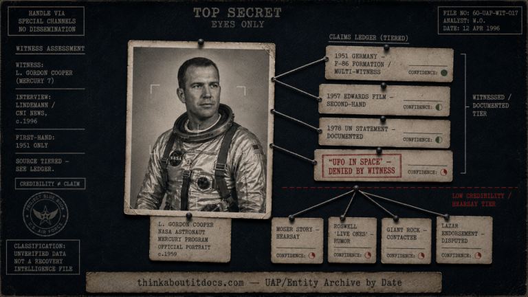 Dossier-style witness-assessment board for astronaut Gordon Cooper's UFO claims, showing a pinned Mercury-era astronaut portrait at center with a vertical ledger of analysis cards sorted by credibility — the 1951 Germany multi-witness sighting at the top, the documented 1978 UN statement and second-hand 1957 Edwards film in the middle, a red-stamped "UFO in space — denied by witness" card, and a lower tier of hearsay and contactee items (Moser story, Roswell rumor, Giant Rock, Lazar endorsement) — in an indigo-charcoal register with a single dull-red accent.