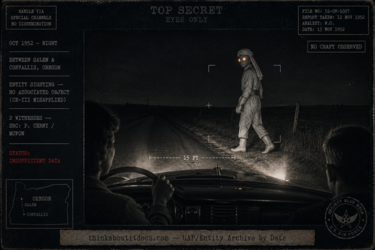 Dossier-style night reconstruction of the October 1952 Oregon entity sighting showing the view from a 1952 car's headlights illuminating a tall eight-foot humanoid at the roadside about fifteen feet away, dressed in an off-white metallic-mesh uniform with turban-like headgear and a pale featureless face dominated by two huge glowing filament-like eyes, on flat open terrain with no craft anywhere, overlaid with HUD stamps noting no associated object, the misapplied CE-III, two witnesses sourced to Paul Cerny/MUFON, and Status: Insufficient Data, in a cold indigo-charcoal register with a single warm amber accent on the eyes.