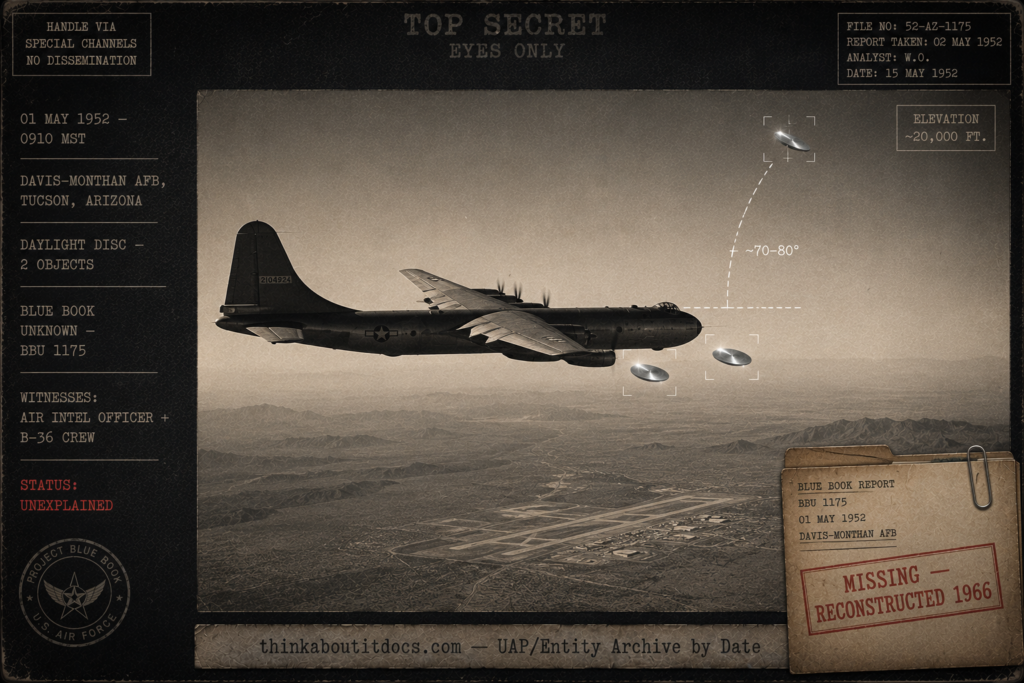 Dossier-style aerial reconstruction of the May 1 1952 Davis-Monthan UFO case showing a large six-engine B-36 bomber in level flight at altitude over Tucson Arizona in clear morning light with two shiny lens-shaped metallic discs pacing it close alongside and one breaking away in a sharp no-radius turn while another hovers, a small inset of a manila report folder stamped "missing — reconstructed 1966," and HUD stamps reading Daylight Disc, two objects, Blue Book Unknown BBU 1175, and Status: Unexplained, in a muted warm 1952 register with a single cold silver accent on the discs.
