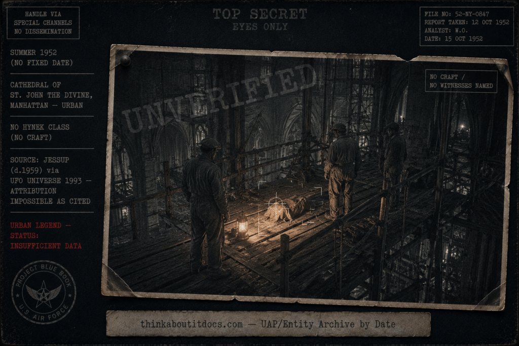 Dossier-style gothic-interior image framing the 1952 New York "one-eyed alien" story as an urban legend, showing indistinct period workmen on high cathedral scaffolding beside a small shrouded form, treated as a curled archival print with an "unverified" watermark and HUD stamps noting no craft, no named witnesses, the corrected urban location, the impossible Jessup-via-1993 source attribution, and Status: Insufficient Data (urban legend), in a cold indigo-charcoal register with a single amber work-lamp accent.