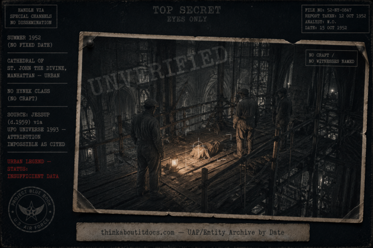 Dossier-style gothic-interior image framing the 1952 New York "one-eyed alien" story as an urban legend, showing indistinct period workmen on high cathedral scaffolding beside a small shrouded form, treated as a curled archival print with an "unverified" watermark and HUD stamps noting no craft, no named witnesses, the corrected urban location, the impossible Jessup-via-1993 source attribution, and Status: Insufficient Data (urban legend), in a cold indigo-charcoal register with a single amber work-lamp accent.