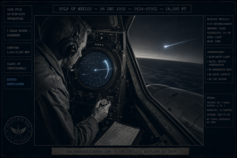 Dossier-style pre-dawn scene inside a 1952 B-29 showing a crewman with a stopwatch over a glowing radarscope and a fast blue-white object streaking past the waist-blister window over the Gulf of Mexico, marked radar-visual and unexplained