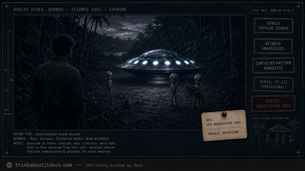 Dossier-style dusk scene in a Borneo jungle clearing showing a domed disc with luminous portholes hovering above the ground and three small large-headed humanoids near a lone witness, marked single-source and contactee-pattern, status Insufficient Data