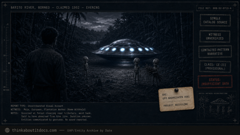 Dossier-style dusk scene in a Borneo jungle clearing showing a domed disc with luminous portholes hovering above the ground and three small large-headed humanoids near a lone witness, marked single-source and contactee-pattern, status Insufficient Data