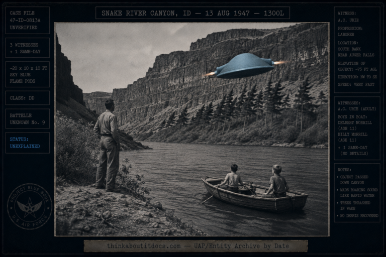 Dossier-style 1947 daytime scene in the Snake River Canyon showing a farmer on the bank and two boys in a boat watching a sky-blue straw-hat-shaped disc with flame-emitting side pods race down the canyon, marked DD and Blue Book Unknown, status Unexplained