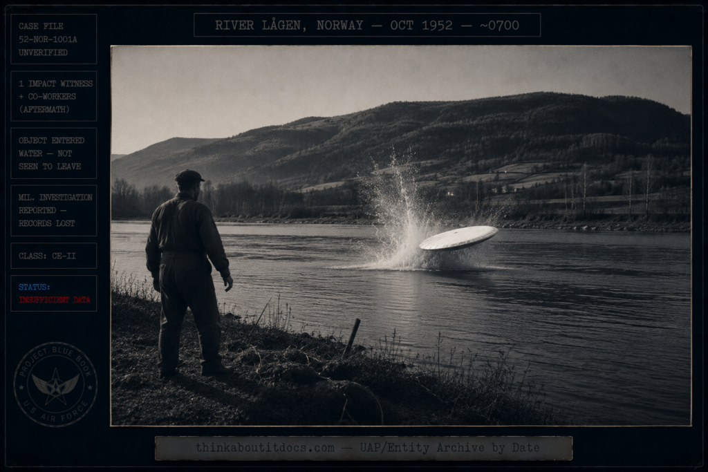 Dossier-style early-morning scene on Norway's River Lågen showing a four-meter snow-white saucer striking the water with a violent splash as a lone worker on the bank watches, marked object-entered-water, military investigation records lost, CE-II, Insufficient Data