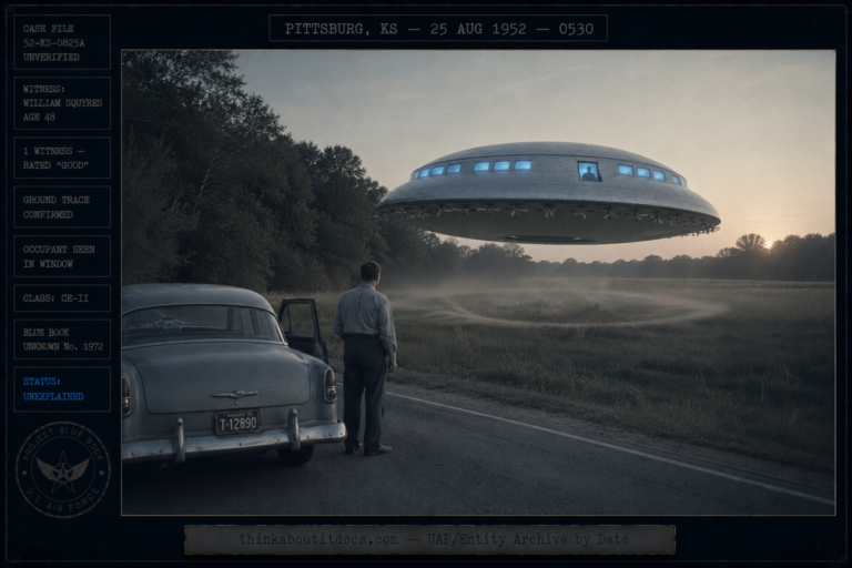 Dossier-style dawn scene on a rural Kansas road showing William Squyres beside his 1952 car watching a 75-foot dull-aluminum oval craft with blue-glowing windows, an occupant figure, and rim propellers hovering over a field, marked CE-II, Blue Book Unknown 1972, Unexplained