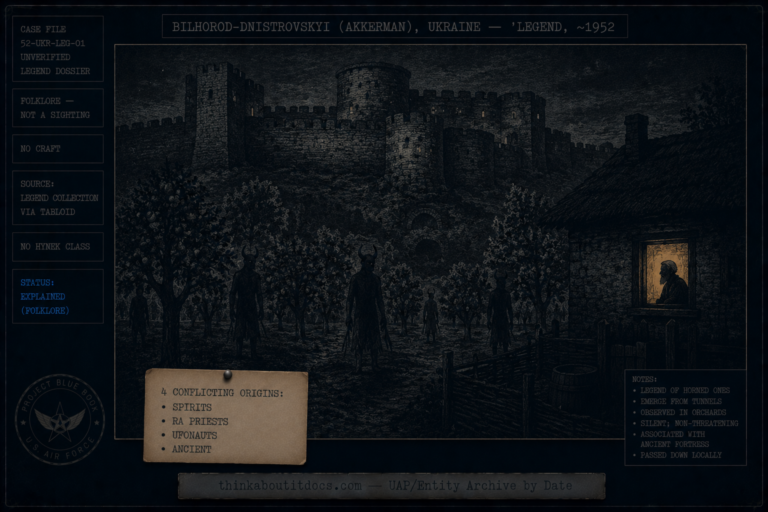 Dossier-style night scene of the ancient Akkerman fortress at Belgorod-Dnestrovsky with shadowy ambiguous horned figures among garden apple trees and an elderly man watching from a lit window, marked folklore, no craft, status Explained