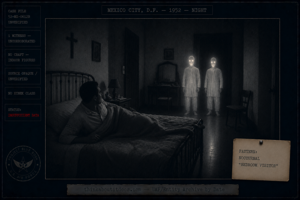 Restrained dossier-style night scene of a 1952 Mexico City bedroom showing a man half-risen in bed and two short, indistinct white-tuniced figures with softly glowing faces, marked no craft, single witness, source unverified, Insufficient Data