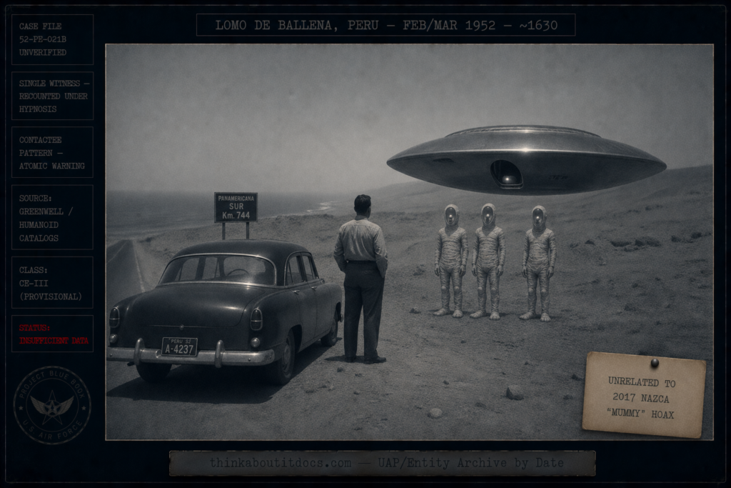 Dossier-style 1952 desert scene on Peru's Pan-American Highway showing a grayish metallic disc hovering over the sand and three faceless five-foot mummy-like figures before a lone witness, marked contactee pattern, recounted under hypnosis, Insufficient Data