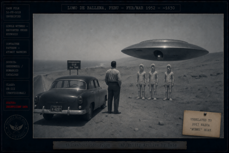 Dossier-style 1952 desert scene on Peru's Pan-American Highway showing a grayish metallic disc hovering over the sand and three faceless five-foot mummy-like figures before a lone witness, marked contactee pattern, recounted under hypnosis, Insufficient Data