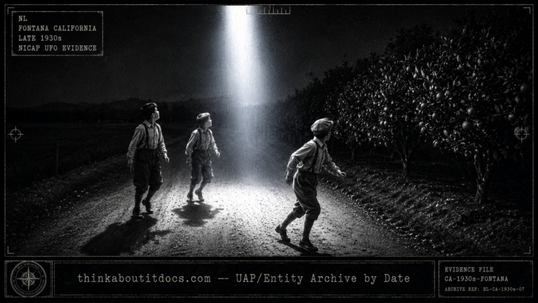Silver gelatin halftone dossier illustration of three boys in 1930s rural clothing caught in a brilliant cold white shaft of light descending from above on a dark rural road near Fontana California as they turn and run toward a nearby orange grove in this NICAP-documented pre-modern nocturnal light case.