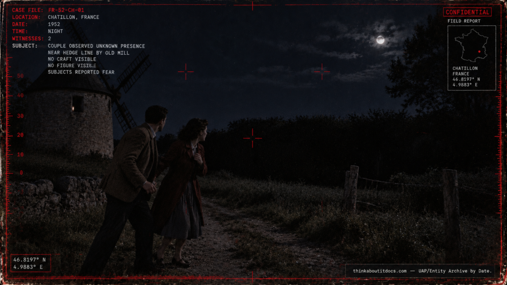 Archival-style illustration of the 1952 Chatillon, France case, showing a frightened couple frozen near a dark hedge at night with no visible craft or entity