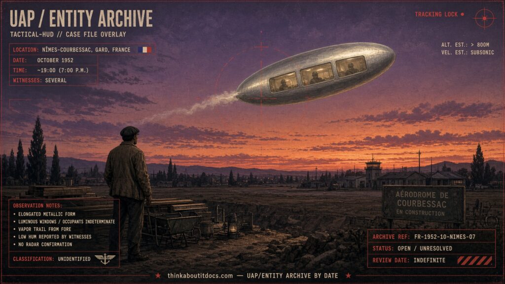Archival-style illustration of the 1952 Courbessac, Nîmes, France UFO case, showing a metallic object with lit windows and helmeted occupants over a construction site at dusk