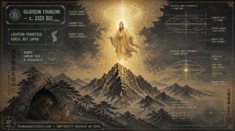 Illustration blending traditional Korean iconography of the Dangun/Hwanung founding myth with engineering-diagram overlays representing an ancient-astronaut reinterpretation of the story