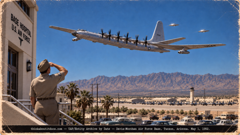 A B-36 bomber over Tucson with two shiny round objects beside it, watched by a sergeant on the ground in 1952.