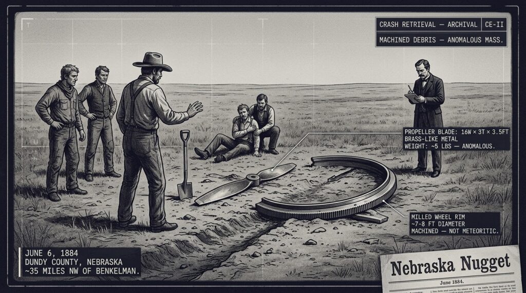 Single-panel intelligence archive illustration showing rancher John Ellis his herdsmen and district brand inspector EW Rawlins examining a large milled wheel rim fragment and a brass-like propeller blade on open Nebraska prairie in the afternoon of June 6 1884 near Benkelman Dundy County while burned herdsman Alf Williamson is supported nearby with tactical HUD annotations noting the five pound anomalous weight of the propeller blade and the machined milled rim indicating manufactured rather than meteoritic origin