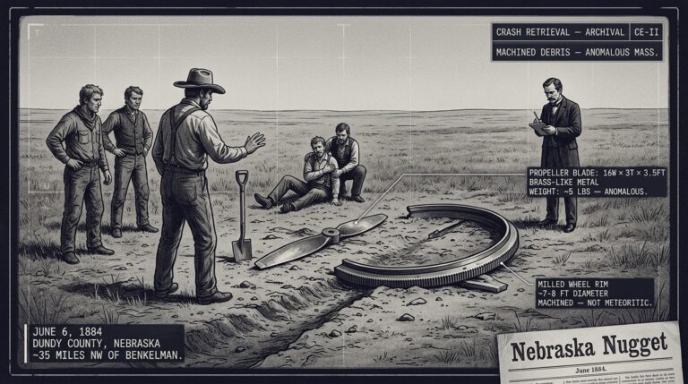 Single-panel intelligence archive illustration showing rancher John Ellis his herdsmen and district brand inspector EW Rawlins examining a large milled wheel rim fragment and a brass-like propeller blade on open Nebraska prairie in the afternoon of June 6 1884 near Benkelman Dundy County while burned herdsman Alf Williamson is supported nearby with tactical HUD annotations noting the five pound anomalous weight of the propeller blade and the machined milled rim indicating manufactured rather than meteoritic origin