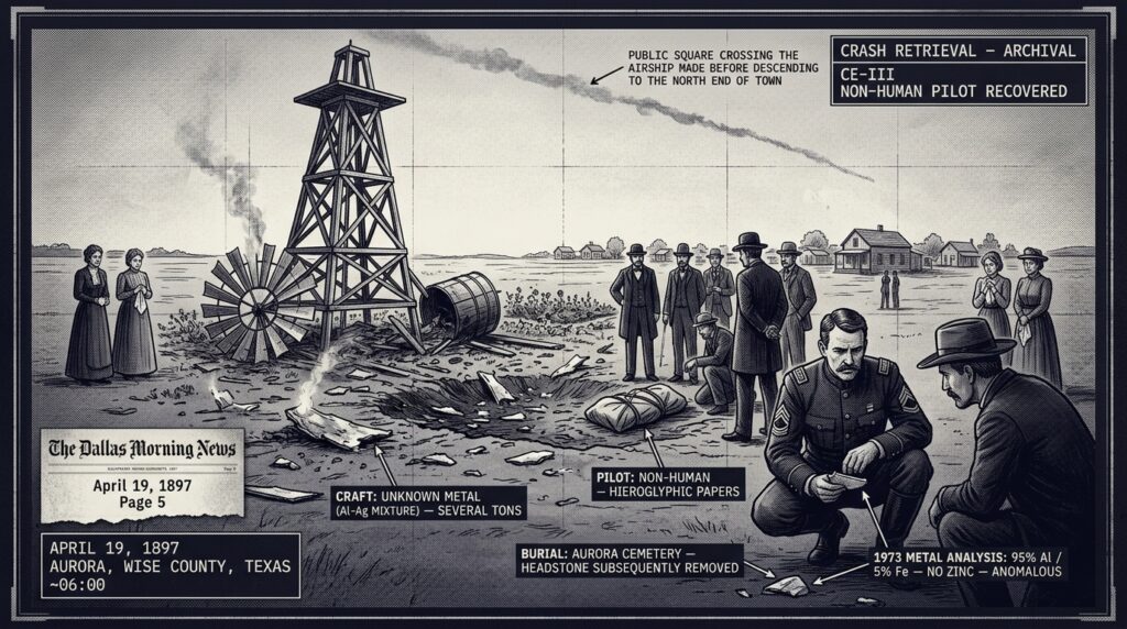 Single-panel intelligence archive illustration showing US Army Signal Service officer TJ Weems crouching over debris at the destroyed Judge Proctor windmill site in Aurora Texas on the morning of April 19 1897 with townspeople gathered around a canvas-wrapped small non-human pilot's remains while anomalous silver-aluminum metallic fragments are scattered across the flower garden and smoke rises along the airship's approach path from the south
