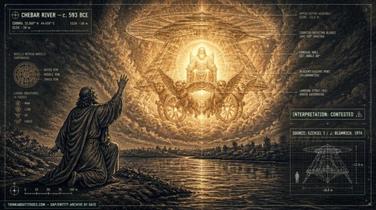 Illustration blending traditional biblical iconography of Ezekiel's vision with engineering-diagram overlays representing Josef Blumrich's ancient-astronaut reinterpretation of the text