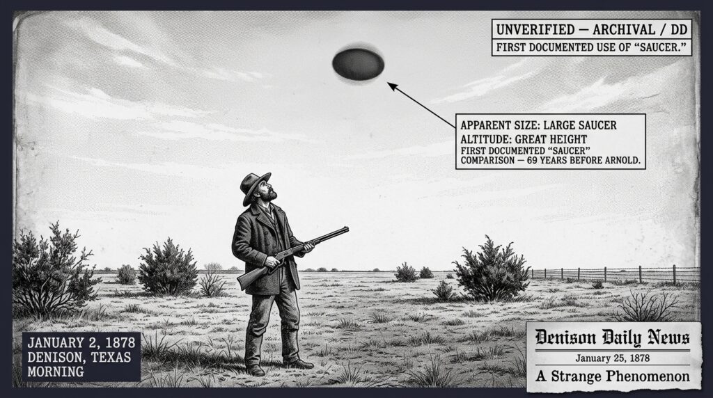 Single-panel intelligence archive illustration showing Texas farmer John Martin standing alone in flat winter farmland near Denison Texas on January 2 1878 looking directly overhead at a dark circular object at great altitude, with a Denison Daily News newspaper masthead inset reading A Strange Phenomenon and tactical HUD annotation identifying this as the first documented use of the word saucer to describe an anomalous aerial object 69 years before Kenneth Arnold