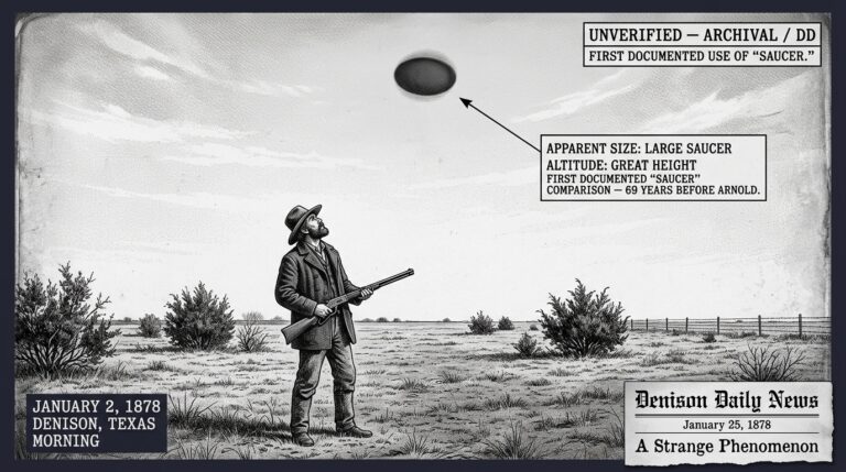 Single-panel intelligence archive illustration showing Texas farmer John Martin standing alone in flat winter farmland near Denison Texas on January 2 1878 looking directly overhead at a dark circular object at great altitude, with a Denison Daily News newspaper masthead inset reading A Strange Phenomenon and tactical HUD annotation identifying this as the first documented use of the word saucer to describe an anomalous aerial object 69 years before Kenneth Arnold