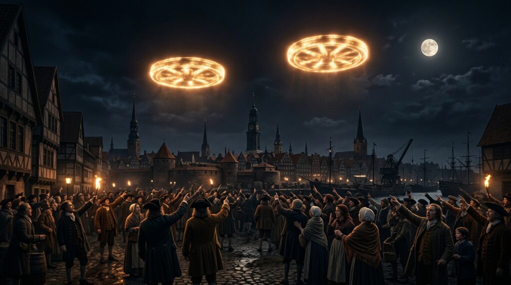 Two large glowing wheel-shaped objects in the night sky above Baroque-era Hamburg Germany on November 4 1697 while a crowd of Hamburg citizens in period dress point upward, with the moon visible in the same sky for size comparison — as depicted in the surviving period illustration