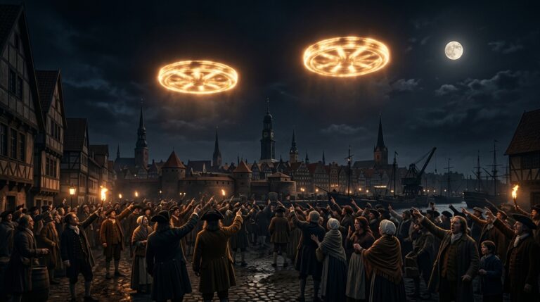 Two large glowing wheel-shaped objects in the night sky above Baroque-era Hamburg Germany on November 4 1697 while a crowd of Hamburg citizens in period dress point upward, with the moon visible in the same sky for size comparison — as depicted in the surviving period illustration