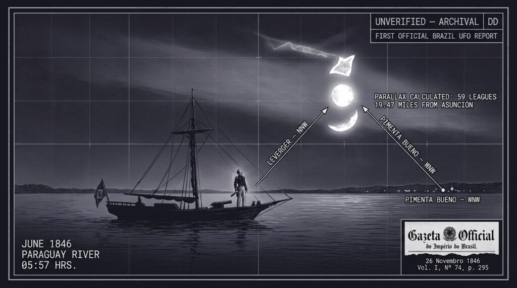 Single-panel intelligence archive illustration showing Brazilian Imperial Navy Frigate Captain Augusto Leverger standing on the deck of a gunboat on the Paraguay River at dawn in June 1846, observing three superimposed luminous bodies brighter than the full moon in the NNW sky above the river, with tactical HUD parallax calculation vectors from both Leverger's position and the Brazilian Ambassador's position in Asunción converging on the phenomenon's calculated location, and an inset of the Imperial Gazette of Brazil masthead dated November 26 1846