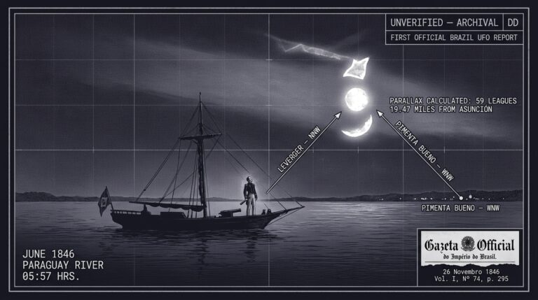 Single-panel intelligence archive illustration showing Brazilian Imperial Navy Frigate Captain Augusto Leverger standing on the deck of a gunboat on the Paraguay River at dawn in June 1846, observing three superimposed luminous bodies brighter than the full moon in the NNW sky above the river, with tactical HUD parallax calculation vectors from both Leverger's position and the Brazilian Ambassador's position in Asunción converging on the phenomenon's calculated location, and an inset of the Imperial Gazette of Brazil masthead dated November 26 1846