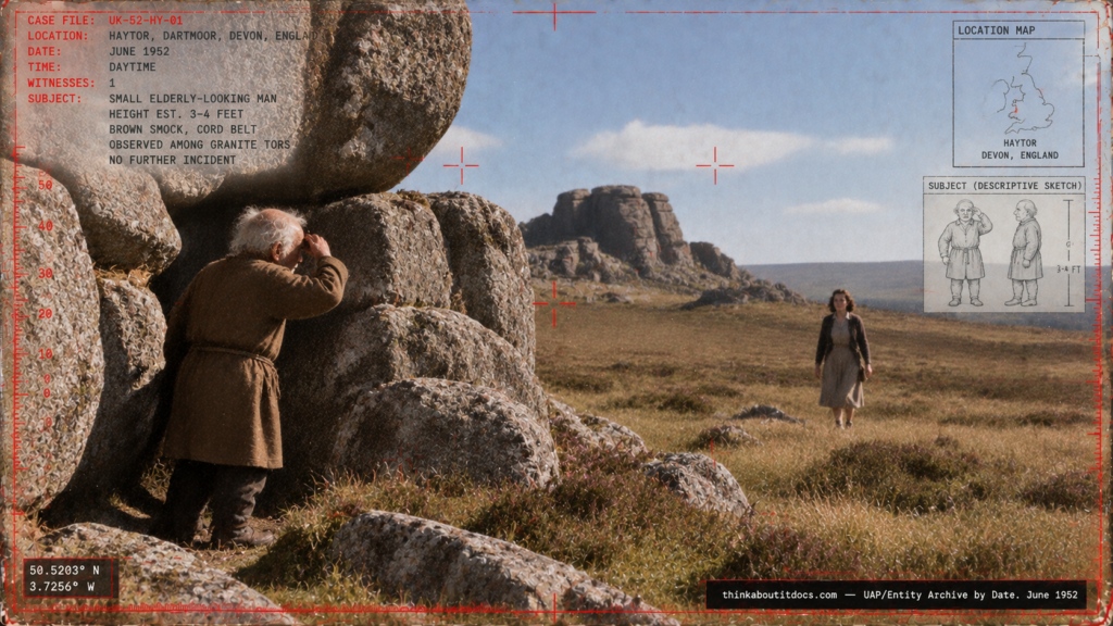 Archival-style illustration of the 1952 Haytor, Devon encounter, showing a small elderly humanoid figure among granite tor stones shading his eyes from the sun