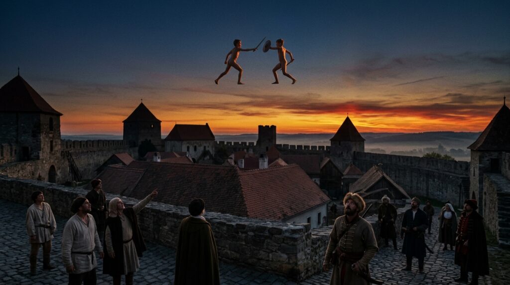 Two naked boy-sized humanoid figures armed with short swords and shields fighting in the dawn sky above the fortified frontier town of Babócsa Hungary in September 1556, observed by local civilians including soldiers who stare upward in shock — CE-III documented by T. Peter Park