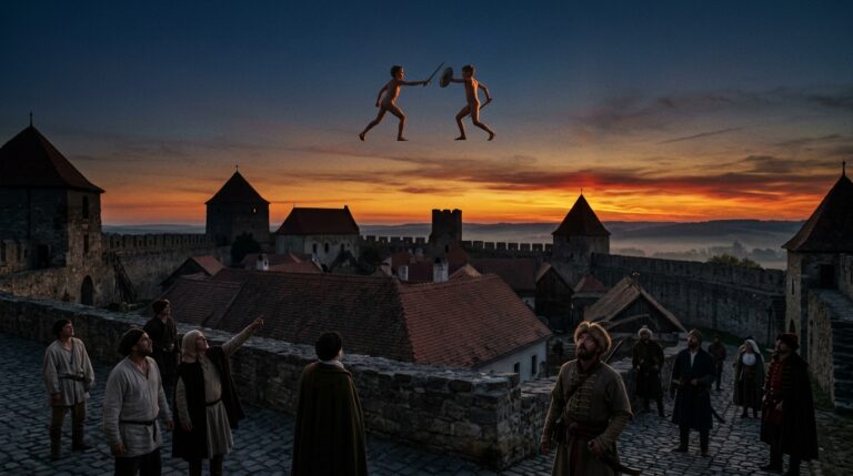 Two naked boy-sized humanoid figures armed with short swords and shields fighting in the dawn sky above the fortified frontier town of Babócsa Hungary in September 1556, observed by local civilians including soldiers who stare upward in shock — CE-III documented by T. Peter Park