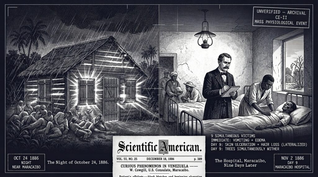 Split-panel intelligence archive illustration showing left half a closed wooden hut near Maracaibo Venezuela on October 24 1886 being illuminated through its sealed walls by a brilliant exterior light during a tropical thunderstorm while nine family members are struck simultaneously by vomiting and swelling, and right half US Consul Warner Cowgill standing in a colonial hospital ward nine days later documenting the survivors whose skin has ulcerated while the surrounding trees have simultaneously withered outside the window