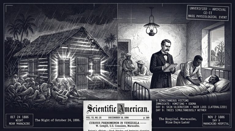 Split-panel intelligence archive illustration showing left half a closed wooden hut near Maracaibo Venezuela on October 24 1886 being illuminated through its sealed walls by a brilliant exterior light during a tropical thunderstorm while nine family members are struck simultaneously by vomiting and swelling, and right half US Consul Warner Cowgill standing in a colonial hospital ward nine days later documenting the survivors whose skin has ulcerated while the surrounding trees have simultaneously withered outside the window