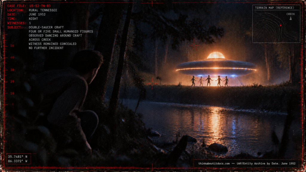 Archival-style illustration of the 1952 Little Spring Creek, Tennessee case, showing small humanoid figures dancing around a glowing double-saucer craft on a creek bank at night