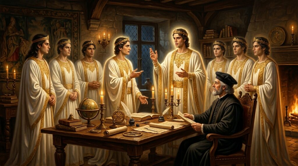 Renaissance scholar Fazio Cardano seated in his Milan study in 1491 facing seven majestic humanoid beings in flowing robes and Greek tiaras who identified themselves as men composed of air during a three-hour philosophical encounter