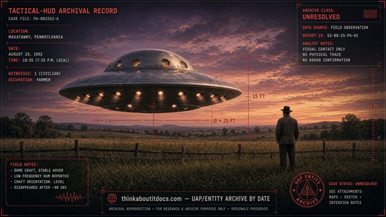 Archival-style illustration of the 1952 Maxatawny, Pennsylvania UFO case, showing a dome-shaped craft with a ring of jet pipes hovering over a field at dusk