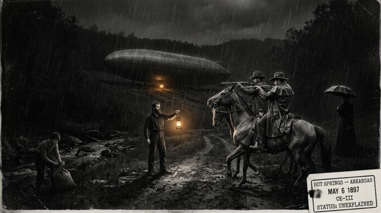 Illustration of the May 6 1897 Hot Springs Arkansas airship encounter showing two mounted law officers with raised Winchester rifles confronting a bearded crew member holding a lantern while a sixty-foot cigar-shaped craft rests on the hillside behind him a young man fills a water sack and a woman deliberately remains concealed in the shadows holding an umbrella