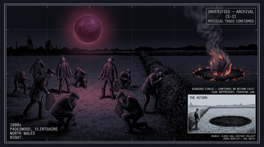 Single-panel intelligence archive illustration showing a group of Welsh miners in working clothes frozen in a moonless dark field at Padeswood near Mold Flintshire as a large purplish-red luminous ball hovers overhead while one man peers over a hedgerow watching it transform into a swirling smoke ball with flame at the base on the ground of the adjacent field, with an inset showing the wide black scorched grass circle found at the landing site several days later