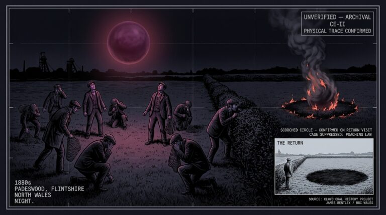 Single-panel intelligence archive illustration showing a group of Welsh miners in working clothes frozen in a moonless dark field at Padeswood near Mold Flintshire as a large purplish-red luminous ball hovers overhead while one man peers over a hedgerow watching it transform into a swirling smoke ball with flame at the base on the ground of the adjacent field, with an inset showing the wide black scorched grass circle found at the landing site several days later