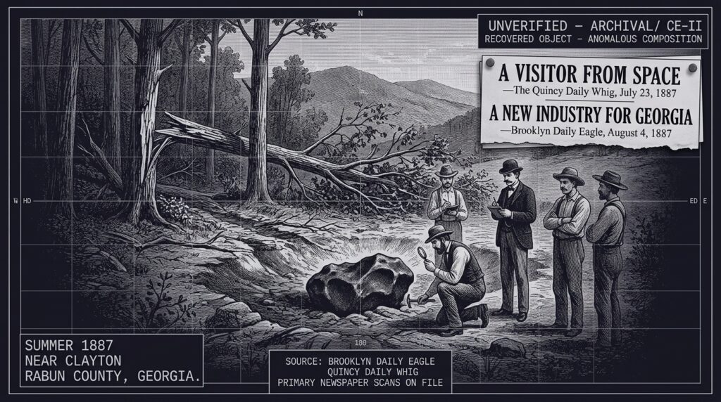 Single-panel intelligence archive illustration showing scientists and local farmers examining a dark partially-embedded anomalous fallen object in a forest clearing near Clayton Rabun County Georgia in summer 1887, with inset newspaper headlines from the Quincy Daily Whig July 23 1887 A Visitor From Space and the Brooklyn Daily Eagle August 4 1887 A New Industry For Georgia