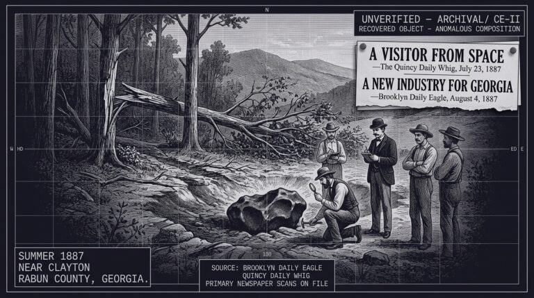 Single-panel intelligence archive illustration showing scientists and local farmers examining a dark partially-embedded anomalous fallen object in a forest clearing near Clayton Rabun County Georgia in summer 1887, with inset newspaper headlines from the Quincy Daily Whig July 23 1887 A Visitor From Space and the Brooklyn Daily Eagle August 4 1887 A New Industry For Georgia