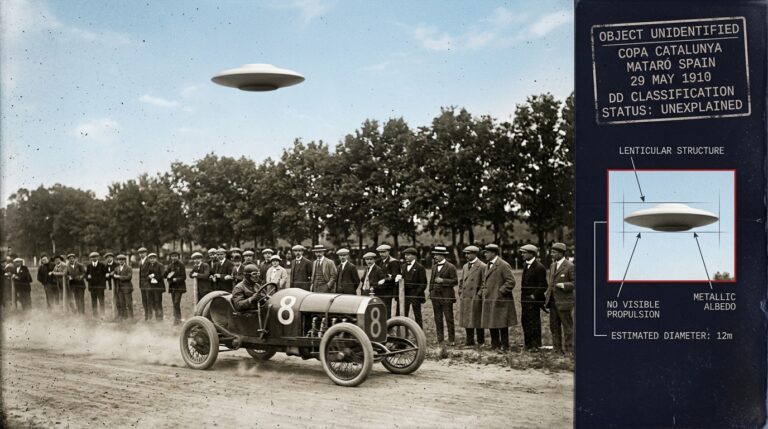 Dossier-style illustration of the 1910 Copa Catalunya UFO photograph showing a disc-shaped object above the treeline at the Mataró racing circuit in France with Edwardian spectators and a vintage voiturette in the foreground and a photographic analysis panel showing an enhanced detail of the unidentified object